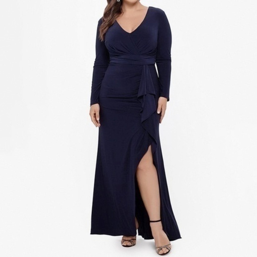 Betsy & Adam. V-Neck Cascading Ruffle Gown